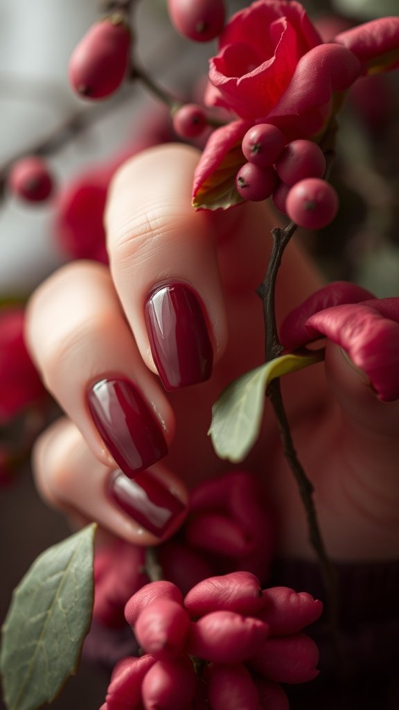 Nail design featuring cherry wine color with faded edges, surrounded by flowers and berries.