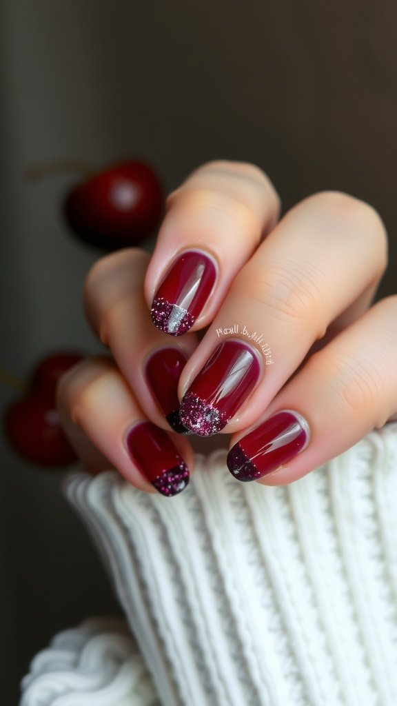 Close-up of cherry wine nails with glitter tips on a hand, showcasing a stylish manicure.