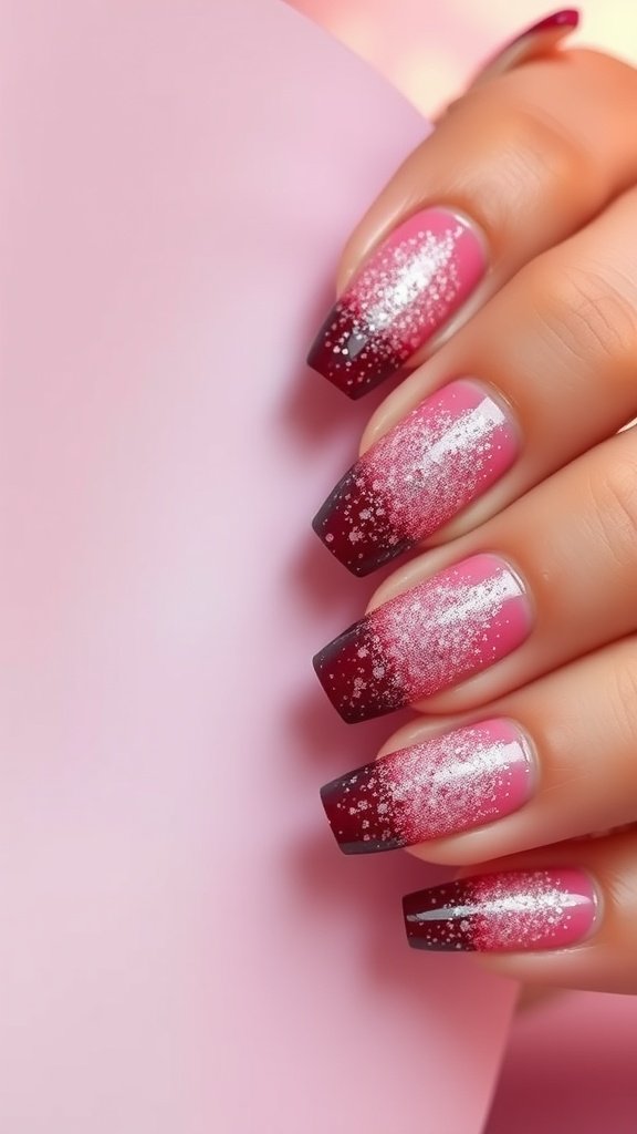 Nail design featuring cherry wine color with gradient sparkle effect.