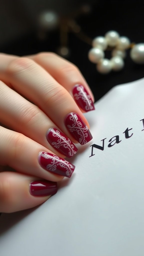 Stylish cherry wine nail design featuring lace patterns