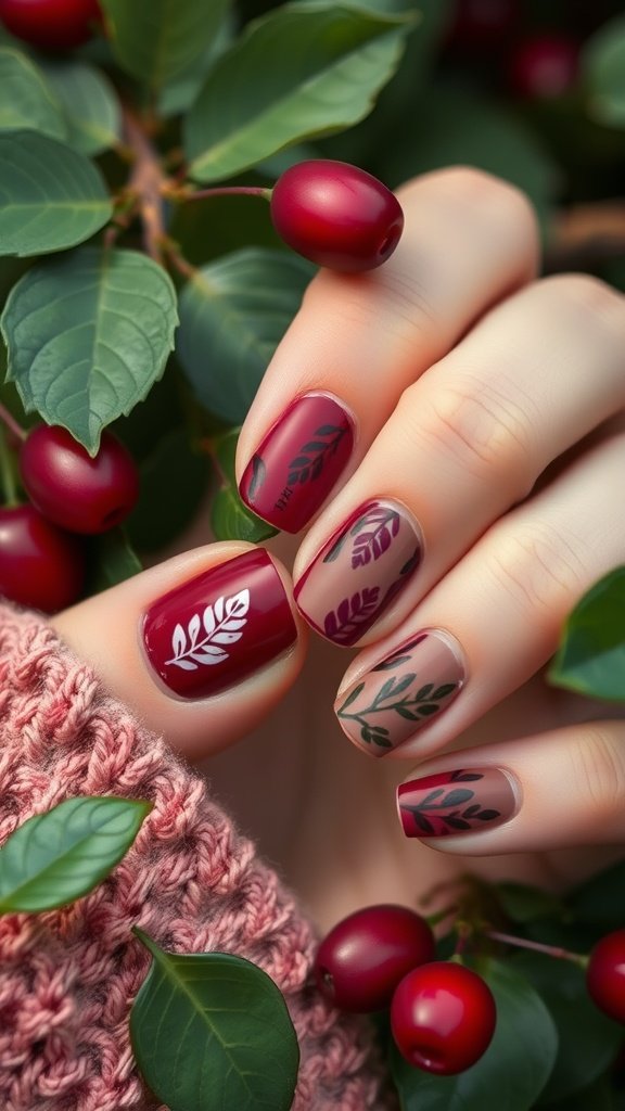 Close-up of a hand with cherry wine nail designs featuring leaf illustrations, surrounded by cherry-like fruits and green leaves.