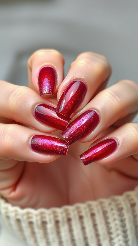 Nail design featuring cherry wine color with an ombre glitter fade.