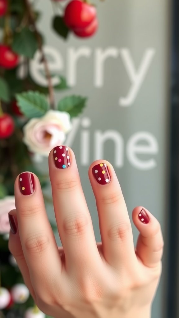 Nail design featuring cherry wine color with pastel dots.