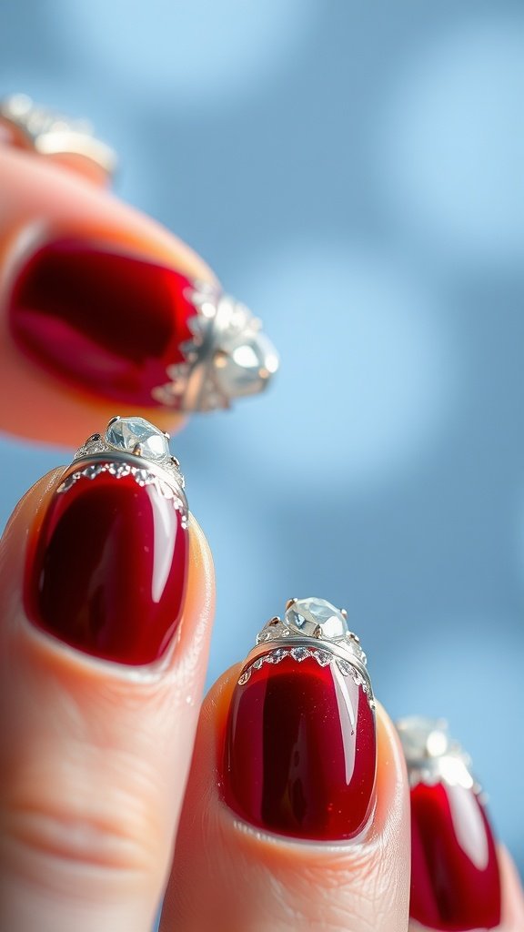 Close-up of cherry wine nails with rhinestone tips