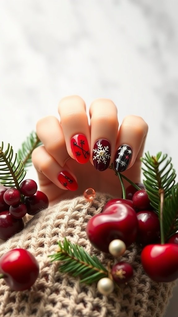 Cherry wine nail designs with seasonal decor featuring red and black nails adorned with holiday motifs.