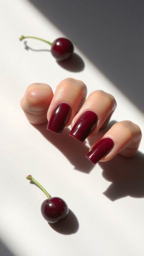 Hand with cherry wine nails next to a cherry on a light background.