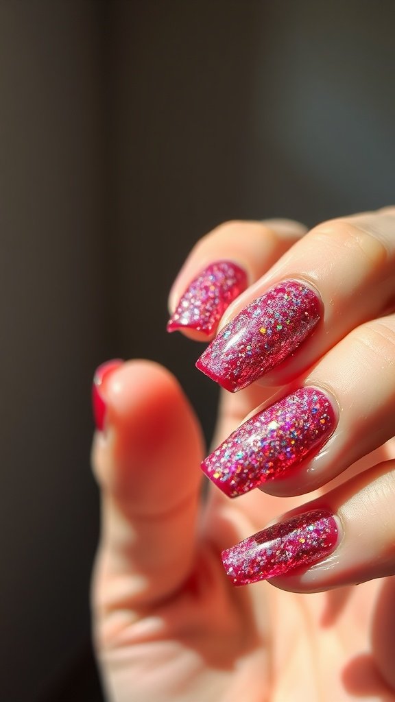 Hand showing cherry wine nail design with shimmering holographic top coat.