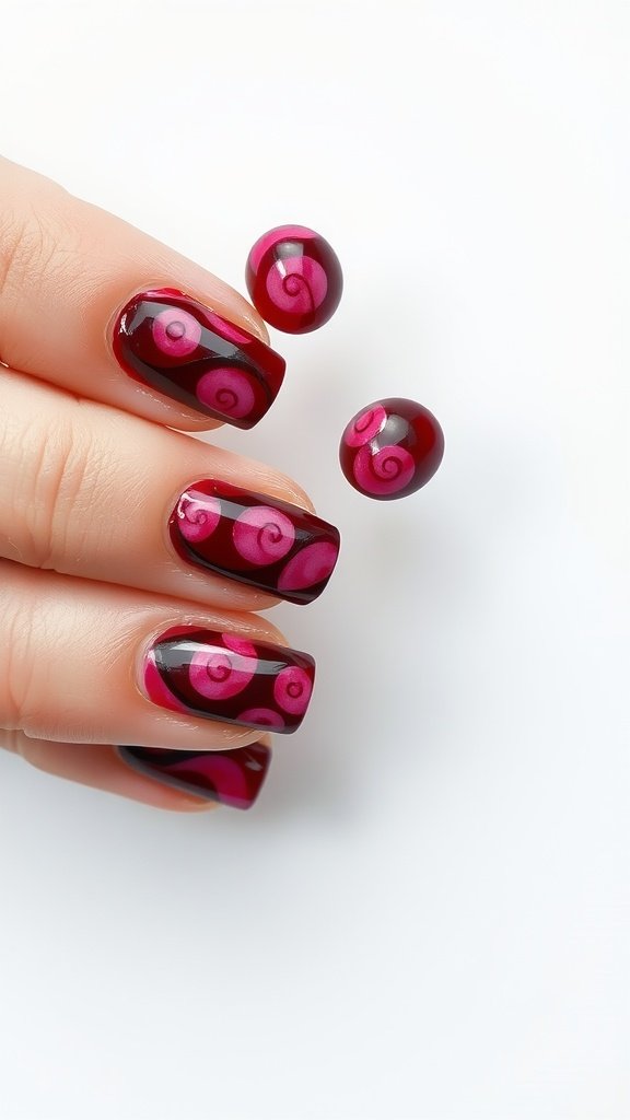 Close-up of cherry wine nails featuring pink swirl patterns