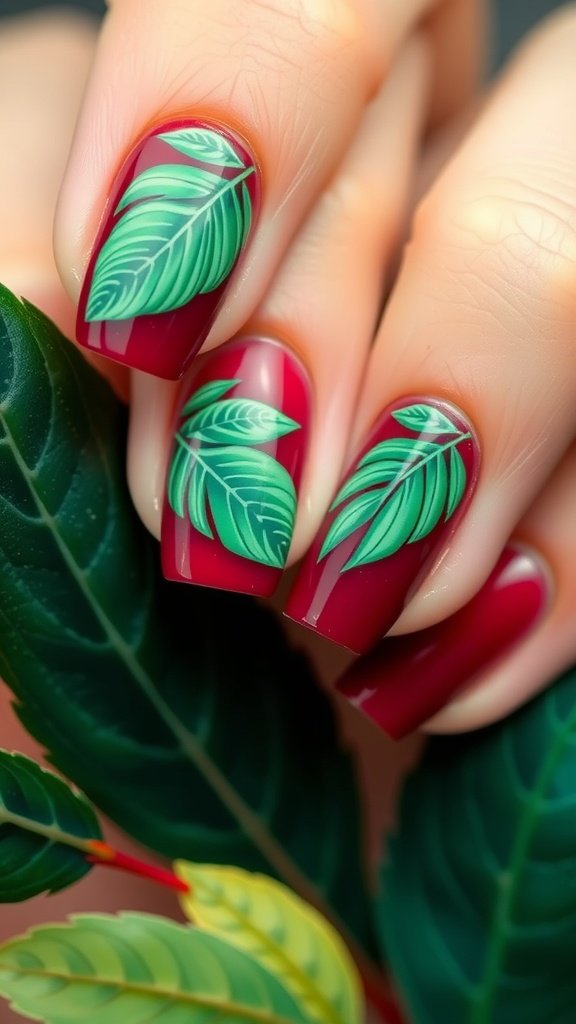 Cherry wine nail design featuring tropical leaf prints