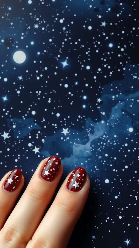 Cherry wine nails featuring twinkling star patterns.