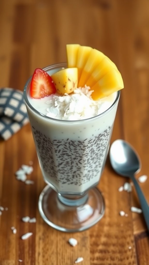 A glass of chia seed pudding topped with strawberries, mango, and shredded coconut on a wooden table.