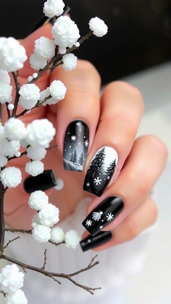 Chic winter nail design featuring black and white colors with snowflake and forest motifs.