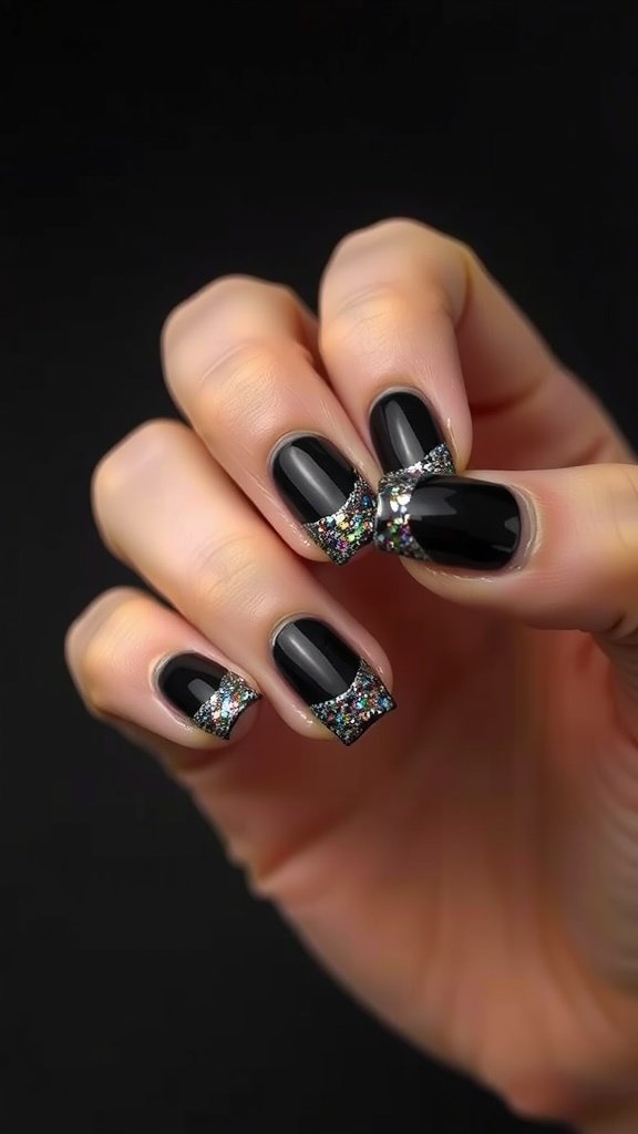 Chic black glitter French tip nails with a sleek black base and sparkling glitter tips.