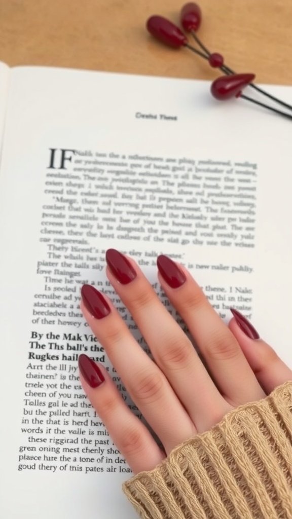 A hand with cherry wine nails resting on an open book, paired with a cozy sweater