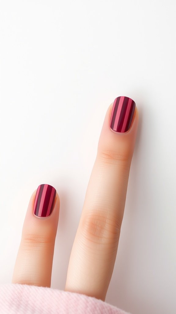 Two fingers with cherry wine striped nail design.