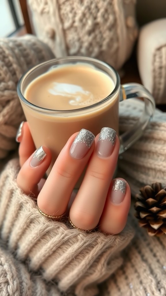 A hand holding a cup of coffee with grey ombre glitter nails, set against a cozy knitted background.