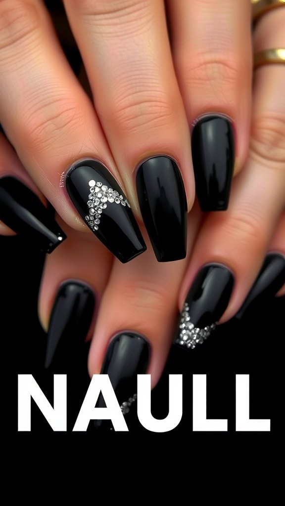 Stylish black nails with silver glitter designs