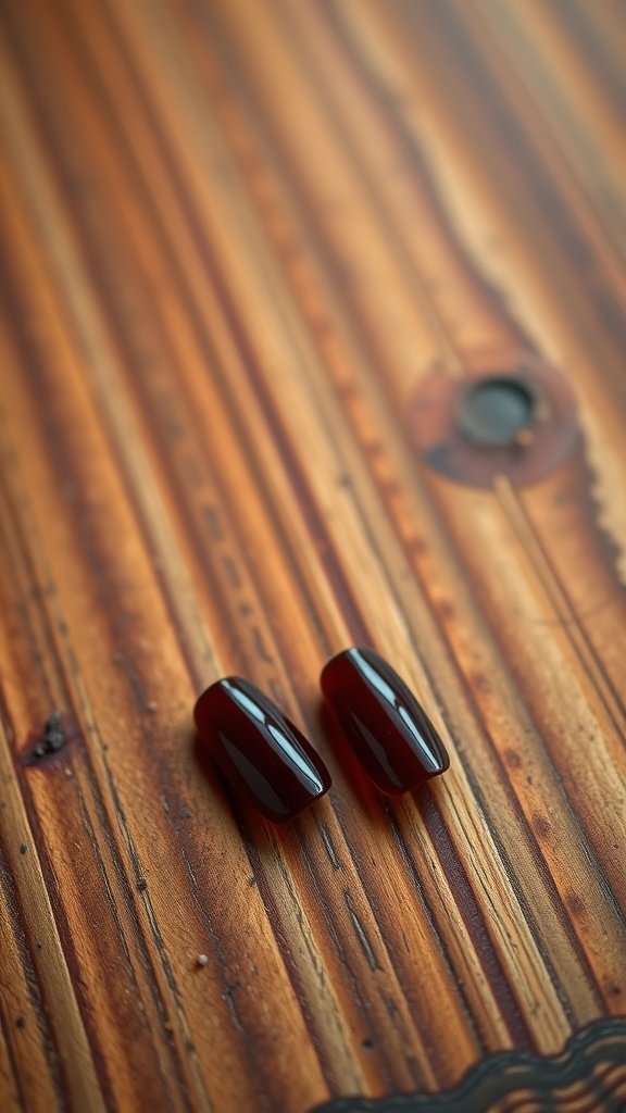 Close-up of two cherry wine gloss finish nails on a wooden surface.