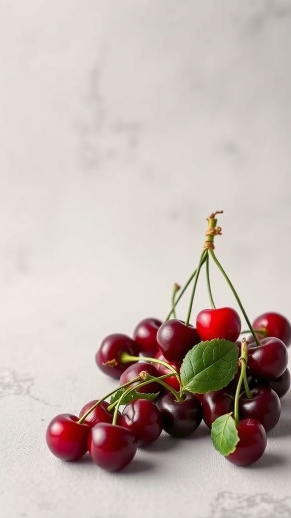 A close-up image of cherries showcasing a rich, deep red color.