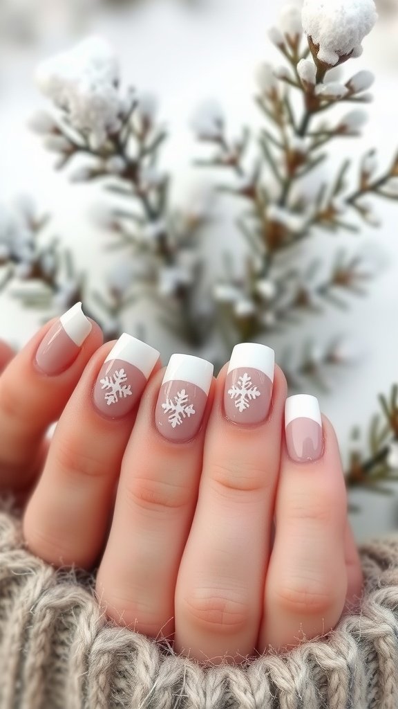 Classic French tips with snowflake designs on nails