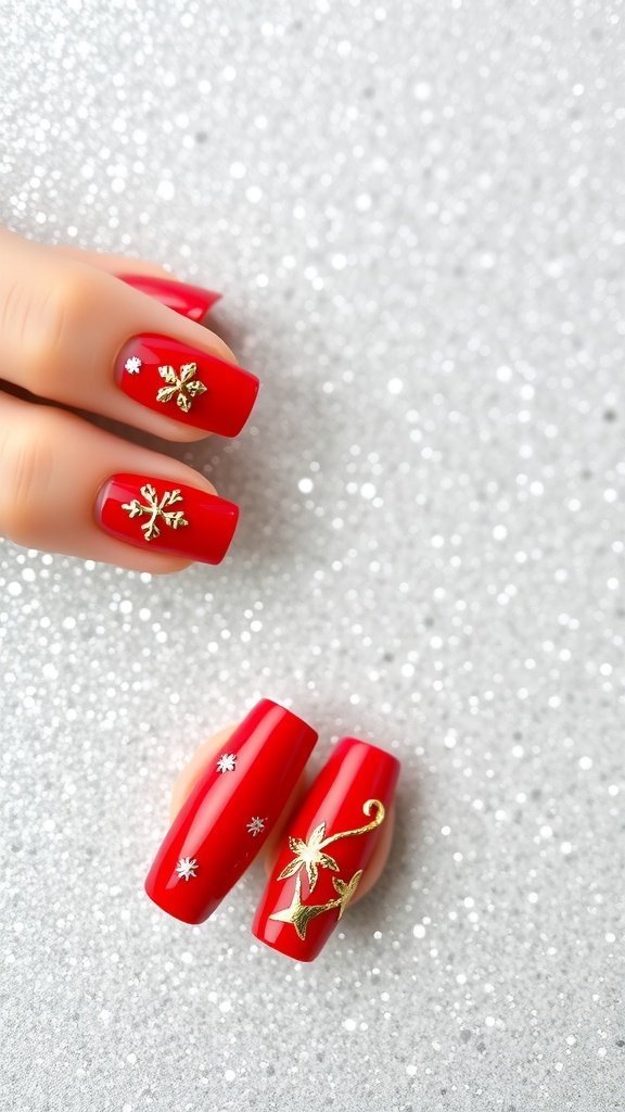 Red nails with gold accents and snowflake designs on a sparkling background.