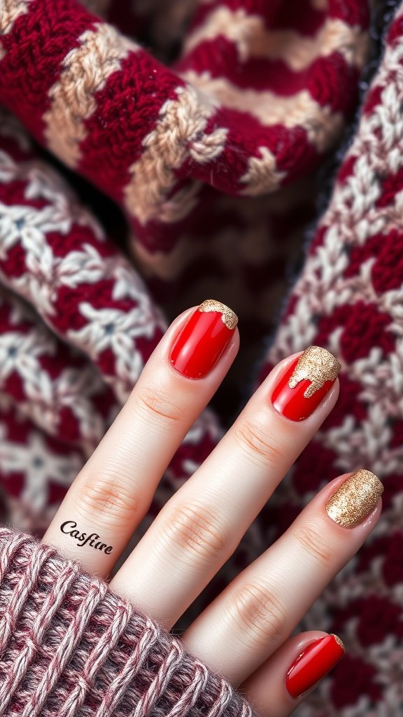 A hand with classic red nails featuring gold tips, set against a cozy knitted background.