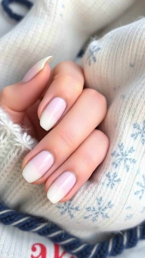 Classic white nails with a silver gradient, held against a cozy sweater.