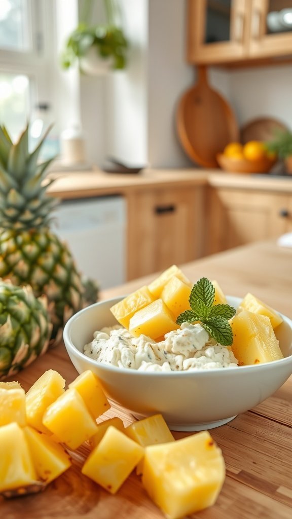 A bowl of cottage cheese topped with pineapple chunks, garnished with a mint leaf, on a wooden table.