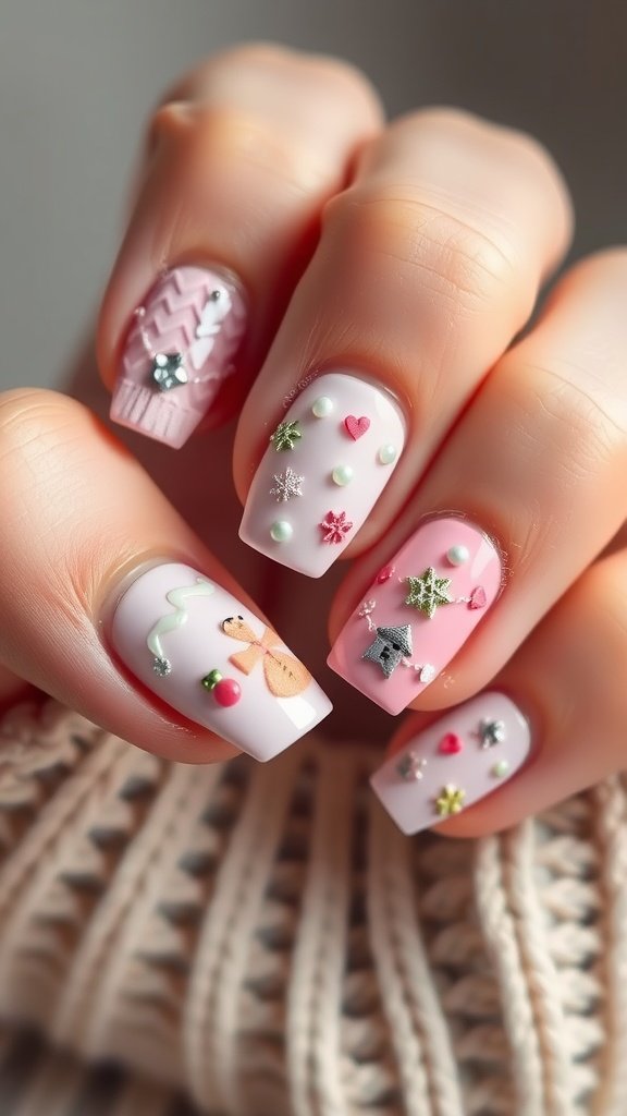 Nail design featuring cozy sweater knit texture with winter-themed embellishments