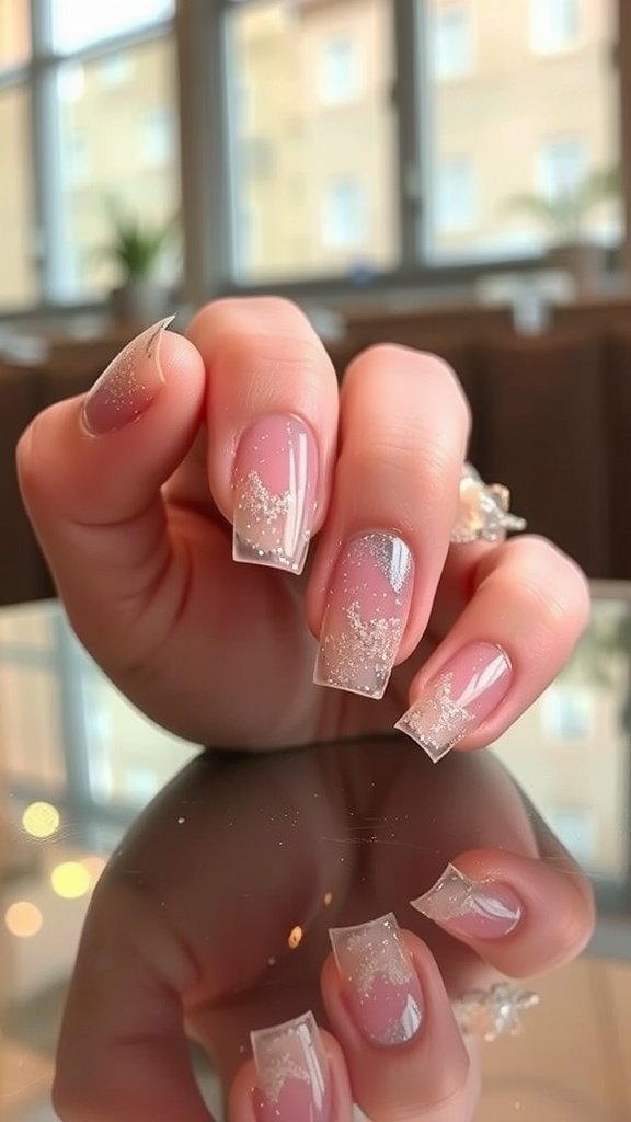 Nail design featuring crystal clear polish with glitter streaks