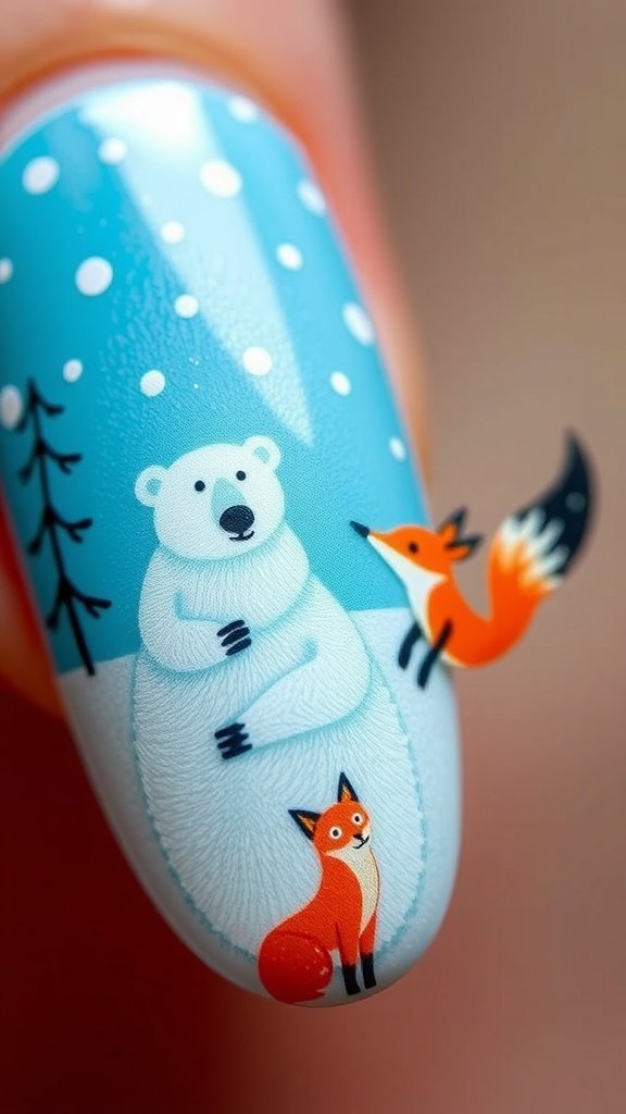 Nail design featuring a polar bear and a fox with a winter theme.