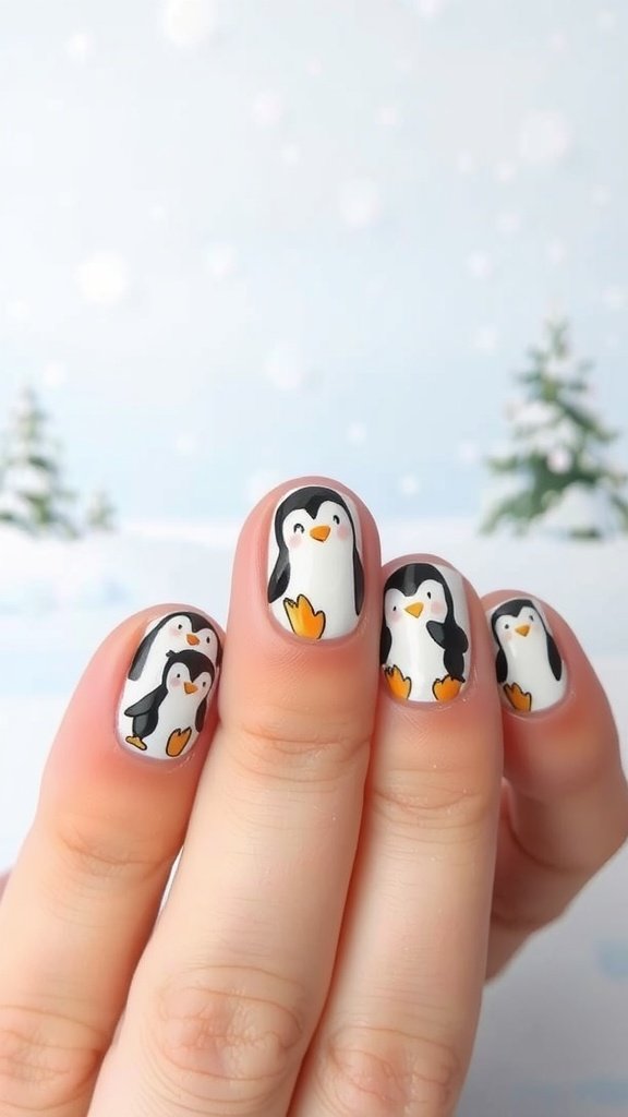 Nails decorated with cute penguin illustrations in winter setting