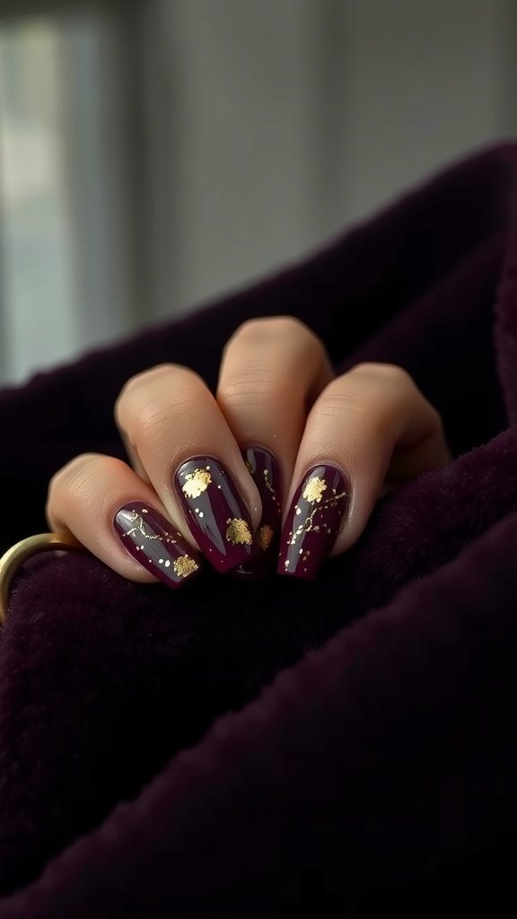 Dark plum nails with gold foil accents.