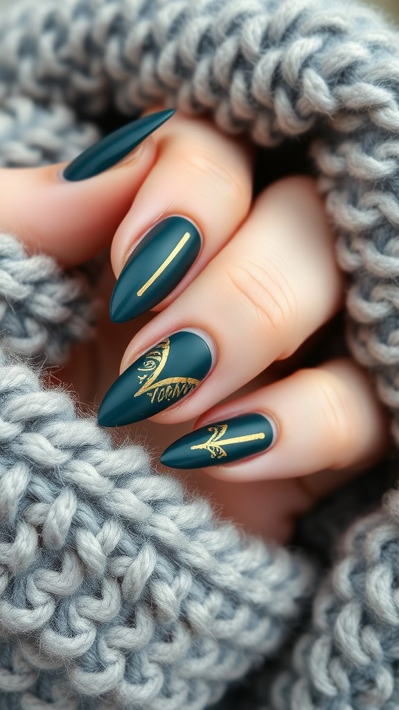 Close-up of dark teal nails with gold accents, wrapped in a cozy gray knitted scarf.