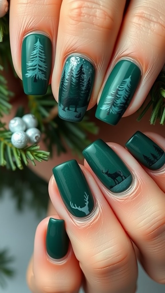 Nail design featuring deep green color with forest motifs, including trees and animals