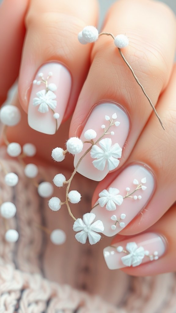 Close-up of nails with delicate white flower designs and soft pastel background.