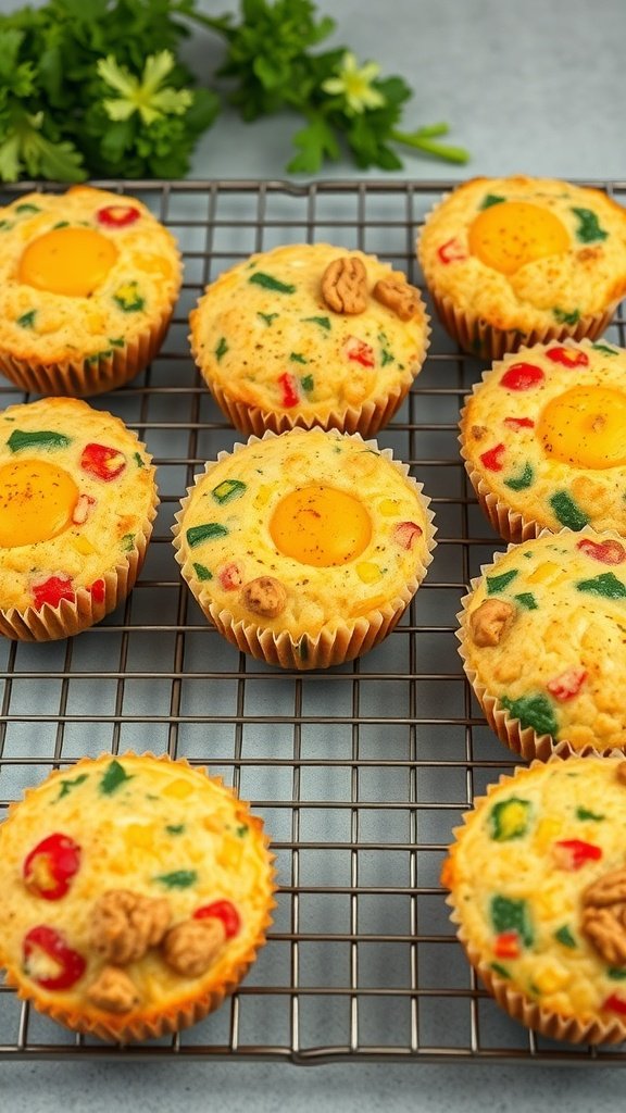 Colorful egg and veggie breakfast muffins on a cooling rack