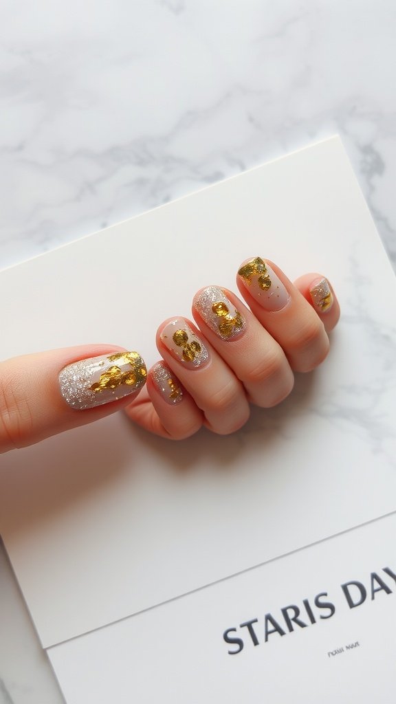 Close-up of elegant gold leaf glitter nail design on a marble background.