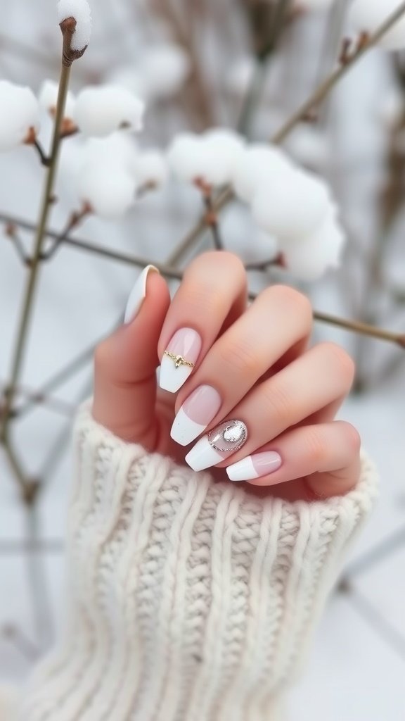 A hand with elegant ivory nails featuring simple designs and gold accents against a snowy background.