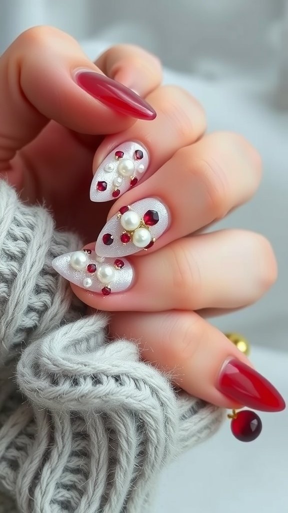 Nail design featuring pearl and ruby accents on a white and red background.