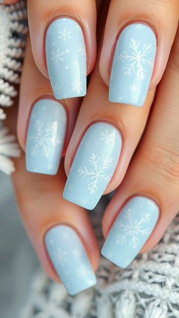 Nail design featuring elegant snowflake patterns on a light blue background.