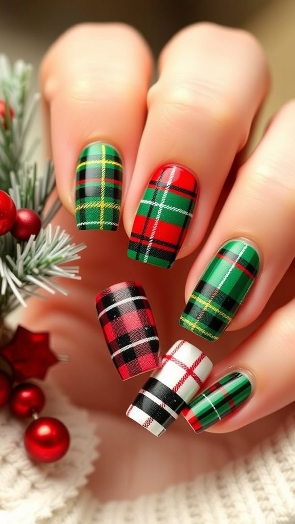 Nails featuring festive plaid patterns in red, green, black, and white.