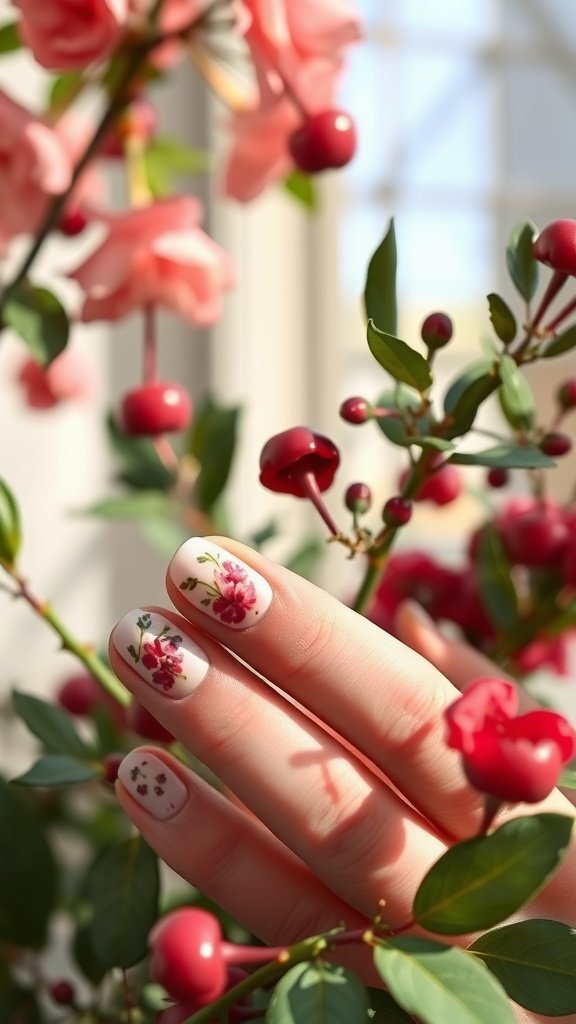 Close-up of floral nail art featuring cherry wine tones on a hand surrounded by flowers and berries.