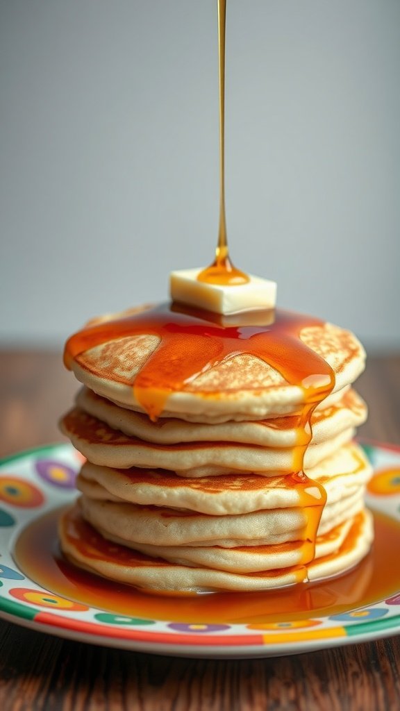 A stack of fluffy pancakes with maple syrup and a pat of butter on top.