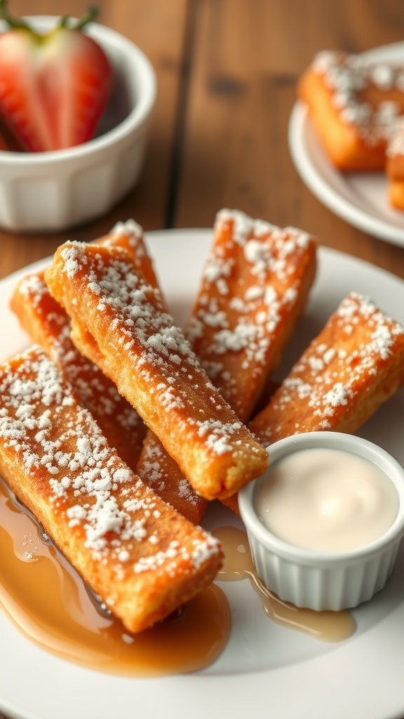 A plate of French toast sticks with powdered sugar and a small bowl of dipping sauce.