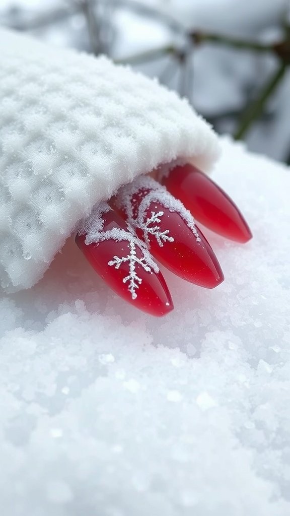 Winter nail design featuring red nails with white snowflake accents