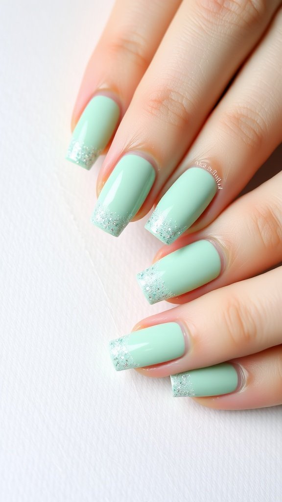 Nails with frosted mint color and glitter tips