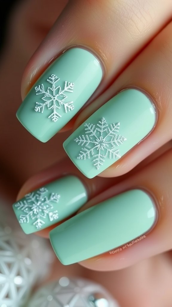 Frosted mint green nails with silver snowflake designs