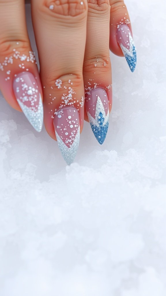 Close-up of elegantly manicured nails with frosted tips and glitter against a snowy background.