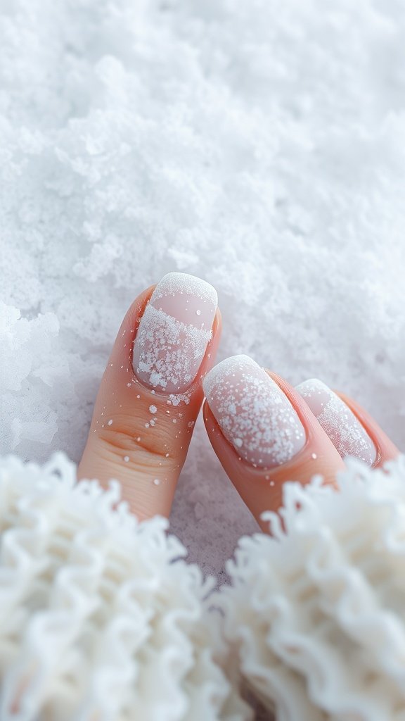 Close-up of frosty white nails with glitter dust against a snowy background.